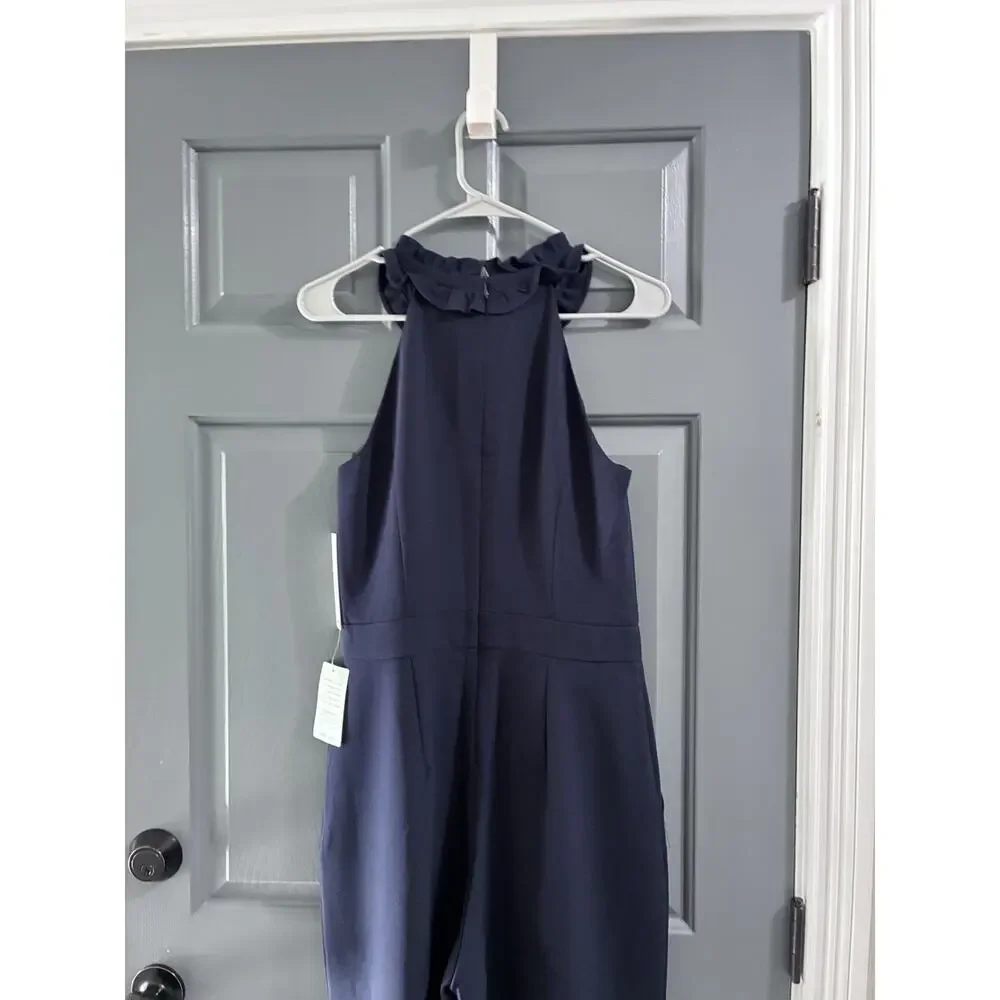 ELIZA J Womens Ruffle Halter Neck Jumpsuit Size 8 Navy NWT